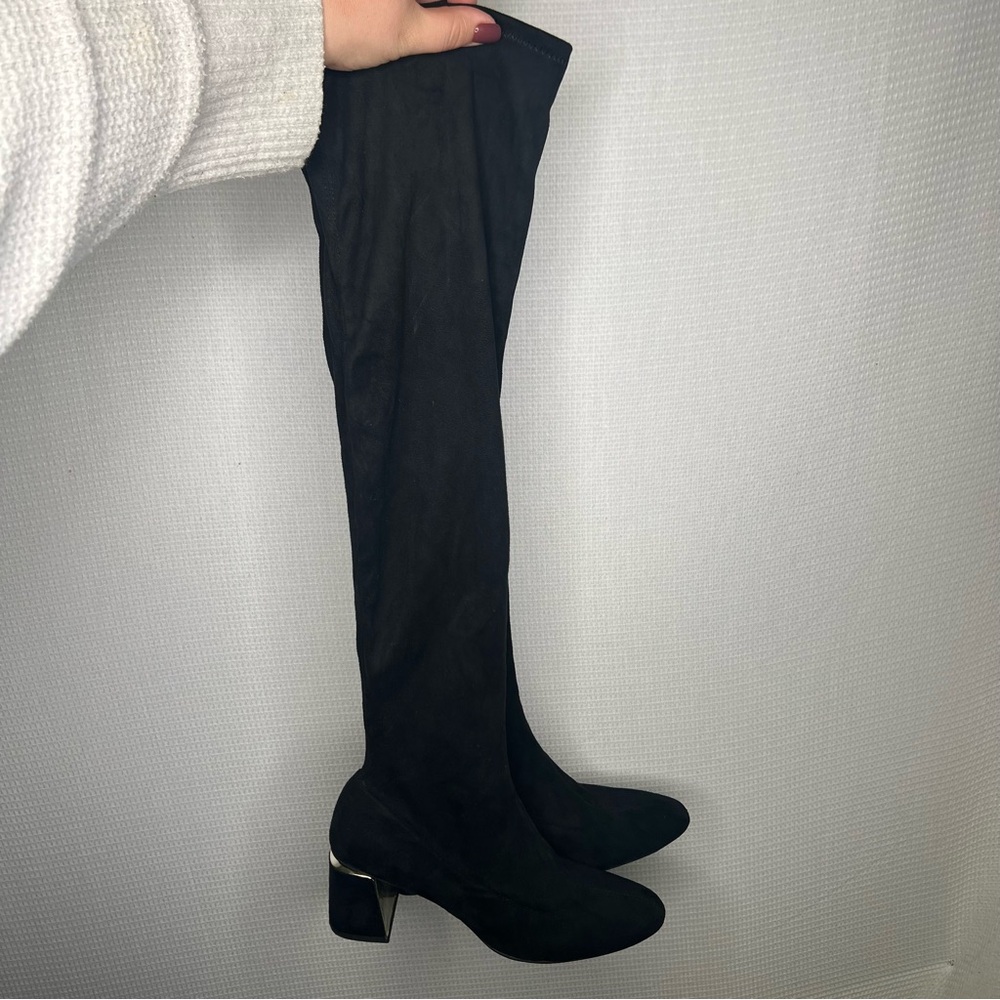 Zara Basic |‎ 41 Black Over the Knee Boots with Block Heel and Pull-On Style